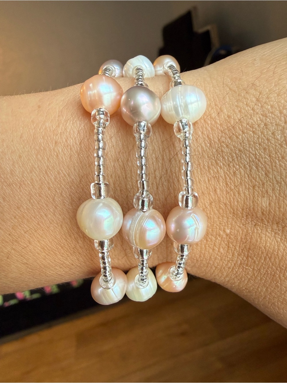 Freshwater Pearl Stretch Bracelet Trio in Soft Pink and Cream